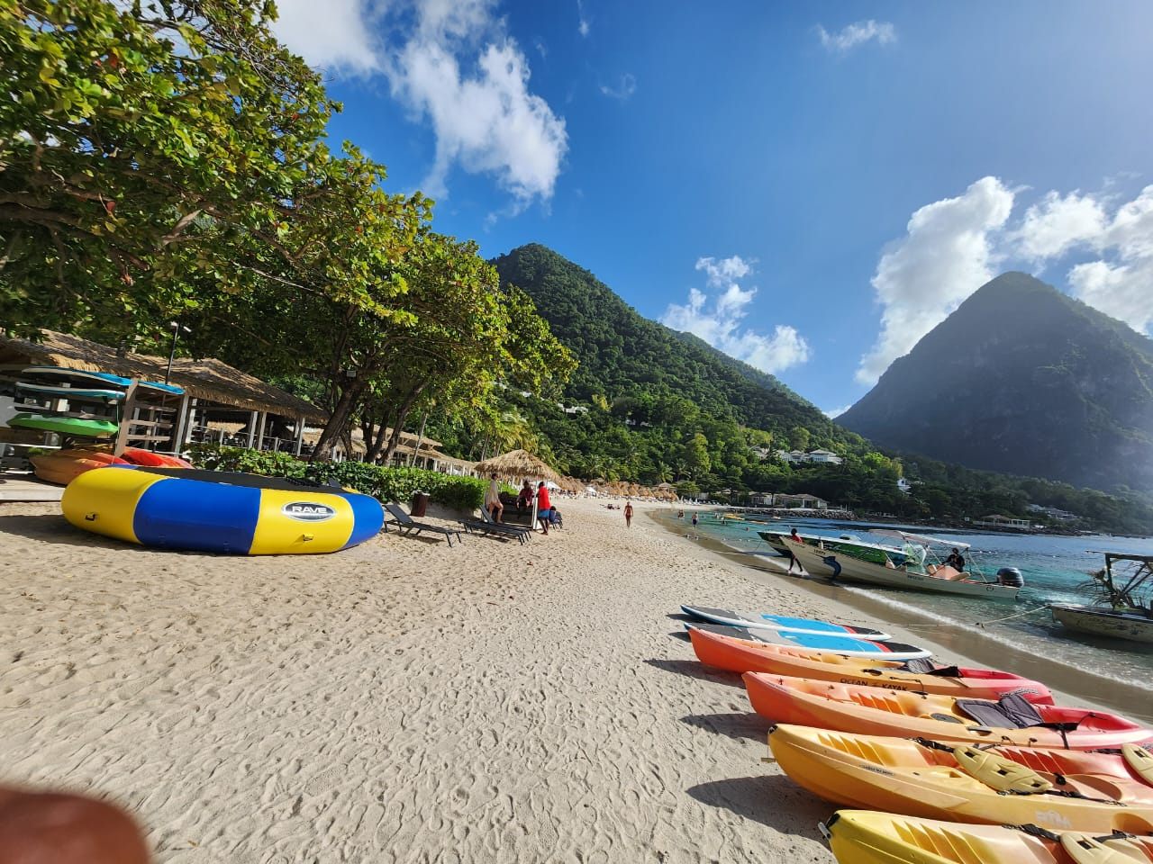 Sugar Beach with kayaks beneath the Pitons